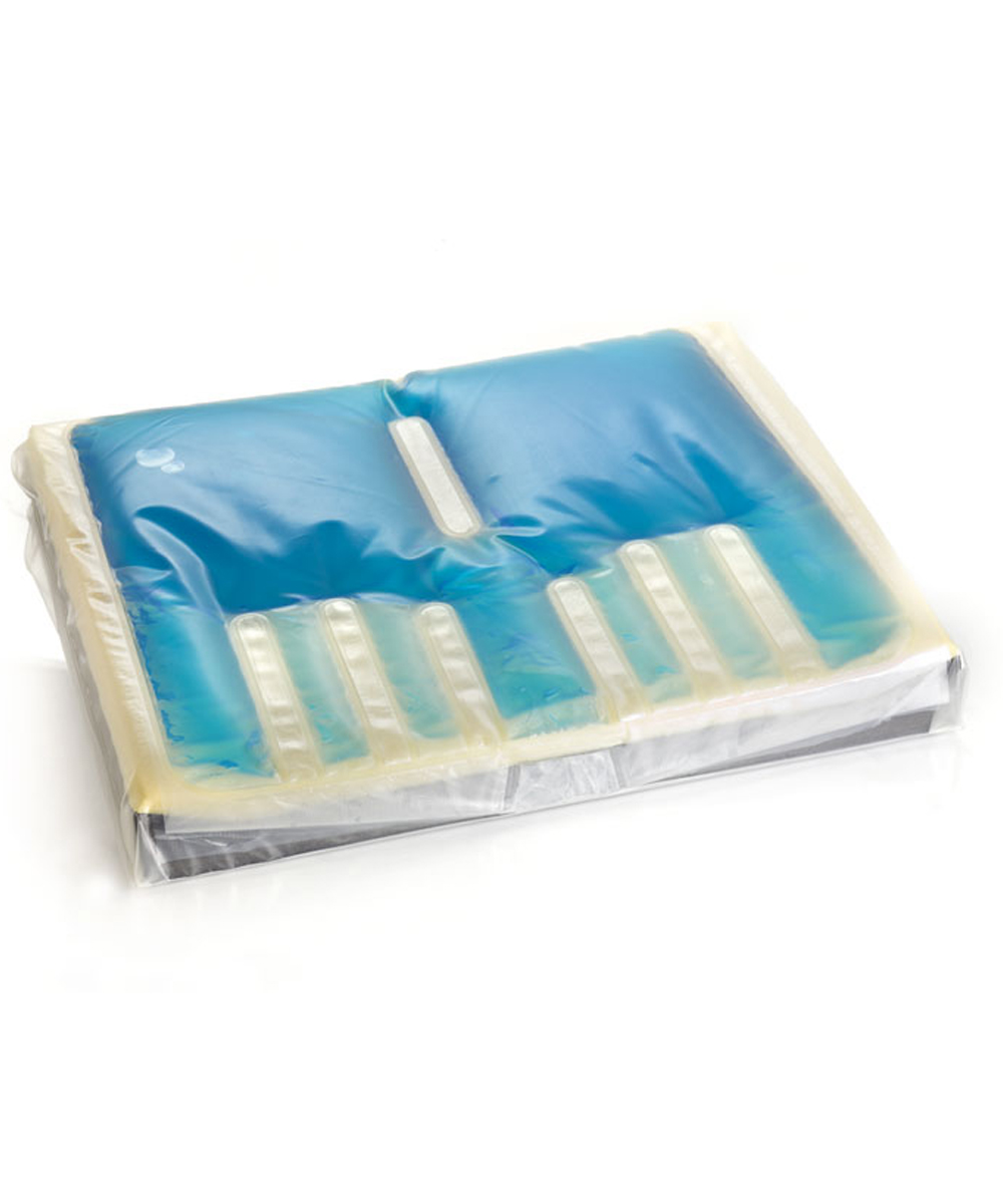 Cuscino antidecubito a fluidi automodellanti con sponde laterali e base in PLASTAZOTE, ideale per la prevenzione delle piaghe da decubito, garantendo stabilità e comfort.