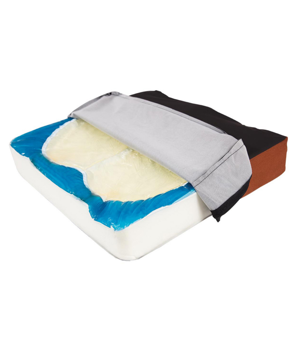 Cuscino Duoform con base anatomica in schiuma ad alta densità e strato di gel fluido viscoelastico. Rivestimento Polymaille® traspirante e impermeabile, 42x42 cm, portata fino a 110 kg.