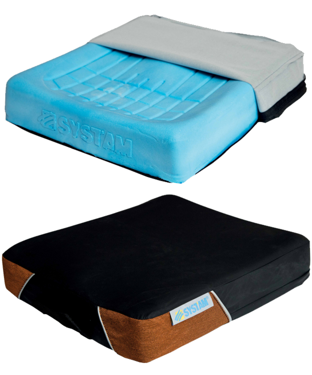 Cuscino anatomico con stabilizzatori laterali e frontali, realizzato in viscoelastico ad alta densità, ideale per ridurre le pressioni transcutanee e prevenire piaghe da decubito.