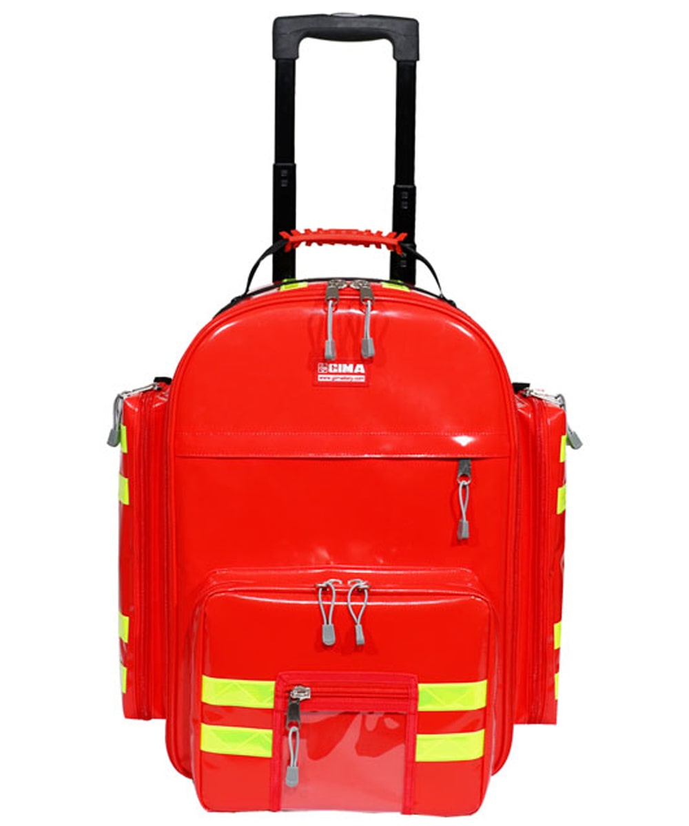 Zaino emergenza professionale GIMA Logic 2 in PVC con trolley, visione dettagliata delle tasche e borsette interne colorate per primo soccorso.