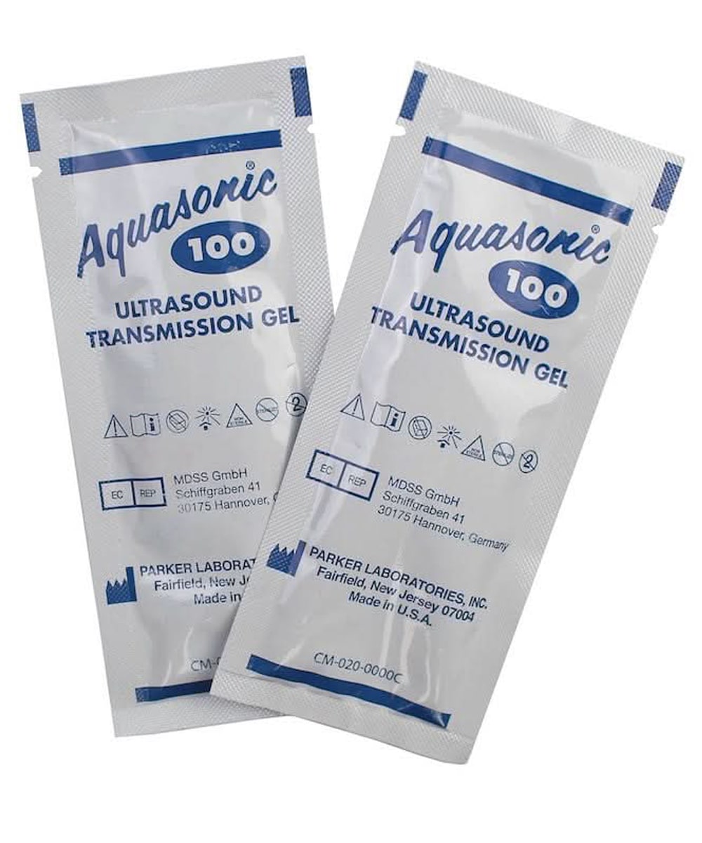 Gel ultrasuoni sterile Aquasonic 100 in bustina monouso da 20 g, idrosolubile e latex free, per procedure ecografiche e mediche professionali.