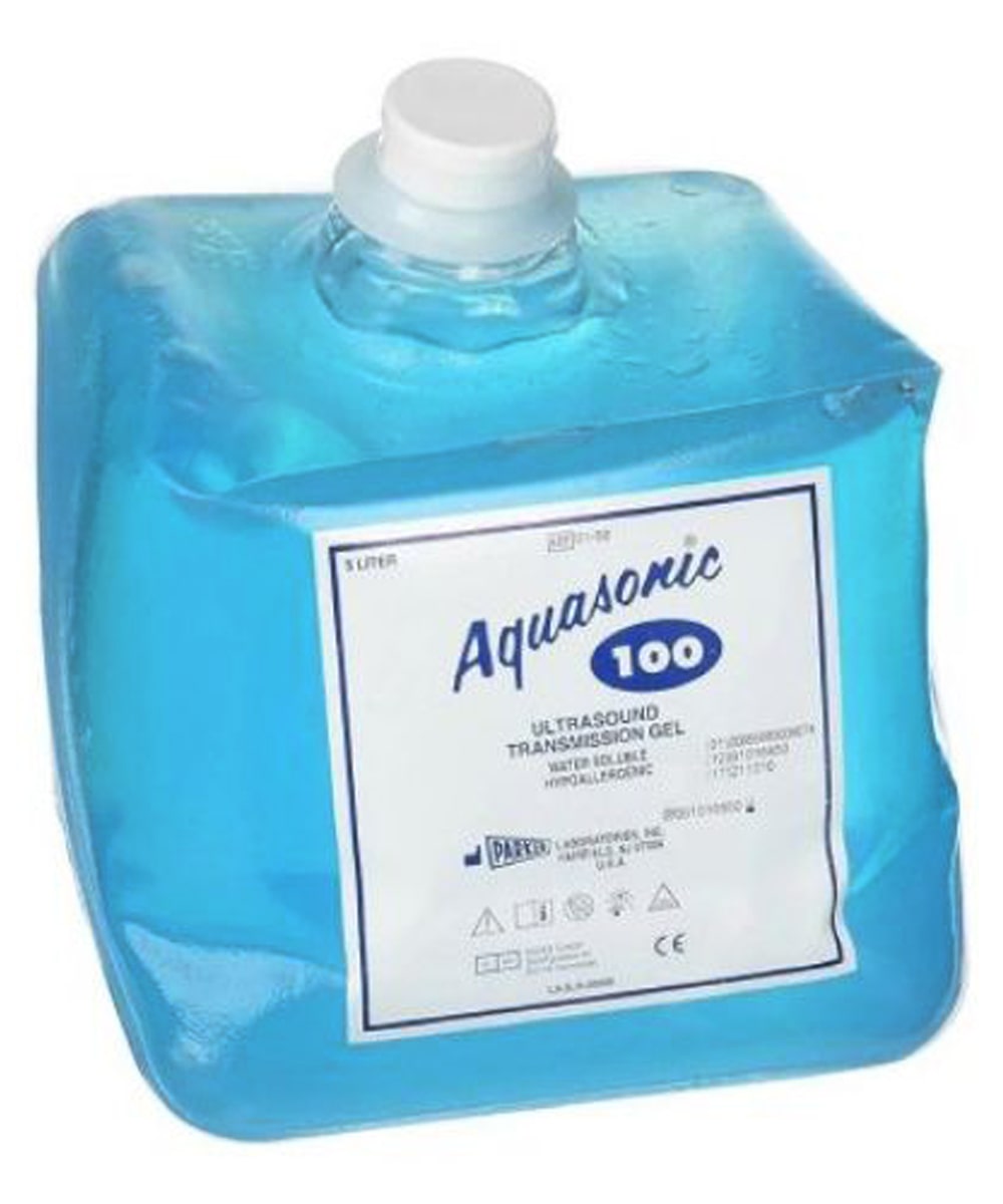 Gel per ultrasuoni Aquasonic 100 Parker Laboratories da 5 litri, flacone azzurro traslucido, ideale per ecografi e dispositivi diagnostici professionali.