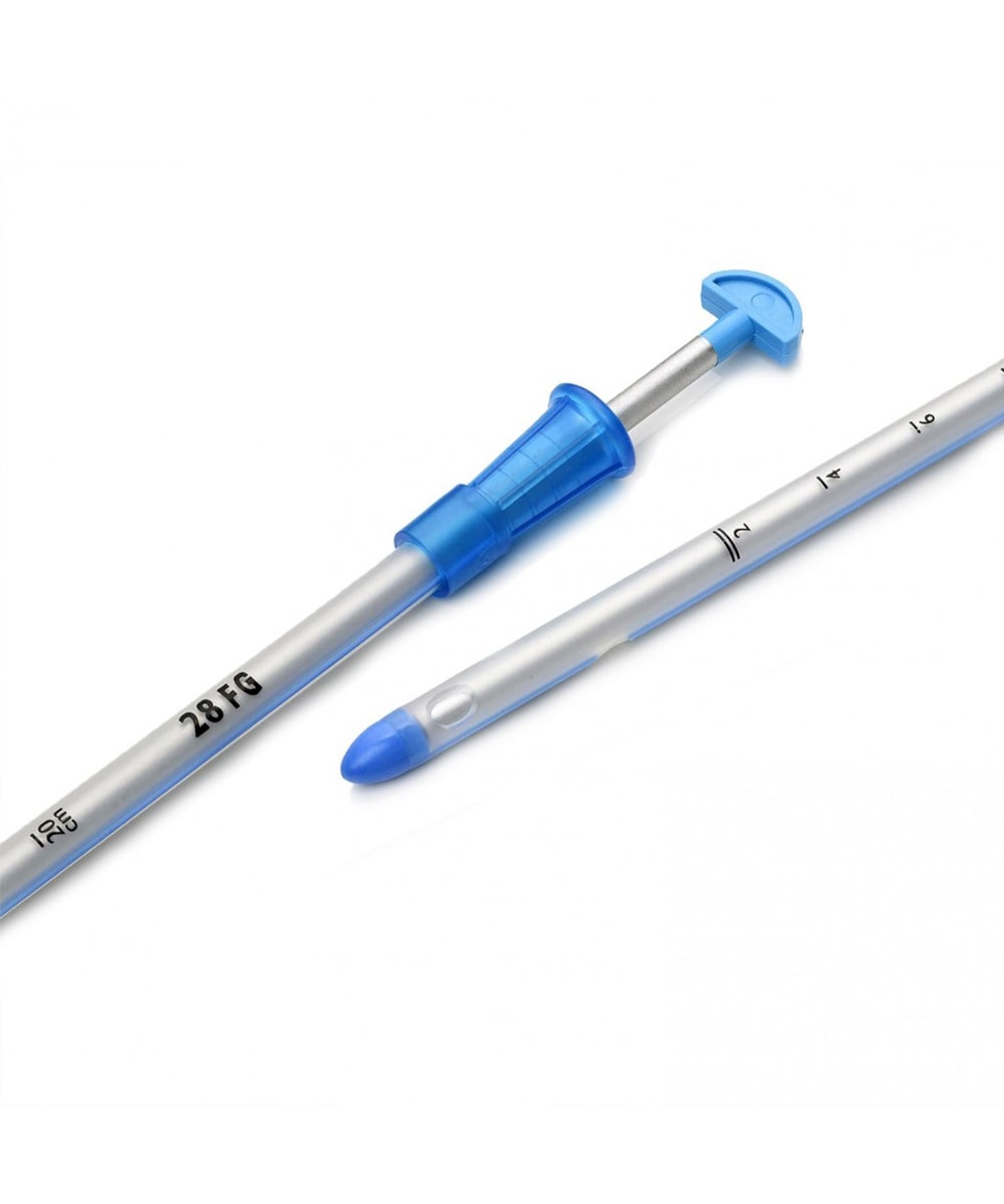 Catetere toracico trocar sterile Redax in PVC/PU con punta atraumatica, occhielli ellittici e connettore universale per drenaggio toracico professionale.