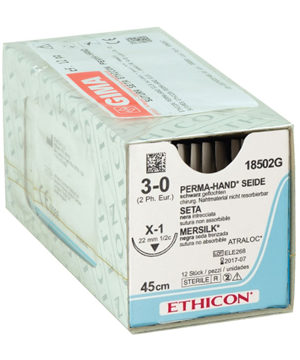 Suture chirurgiche in seta intrecciata PERMA-HAND 3/0 con ago X-1, nero, lunghezza 45 cm, confezione da 12 pezzi sterili.