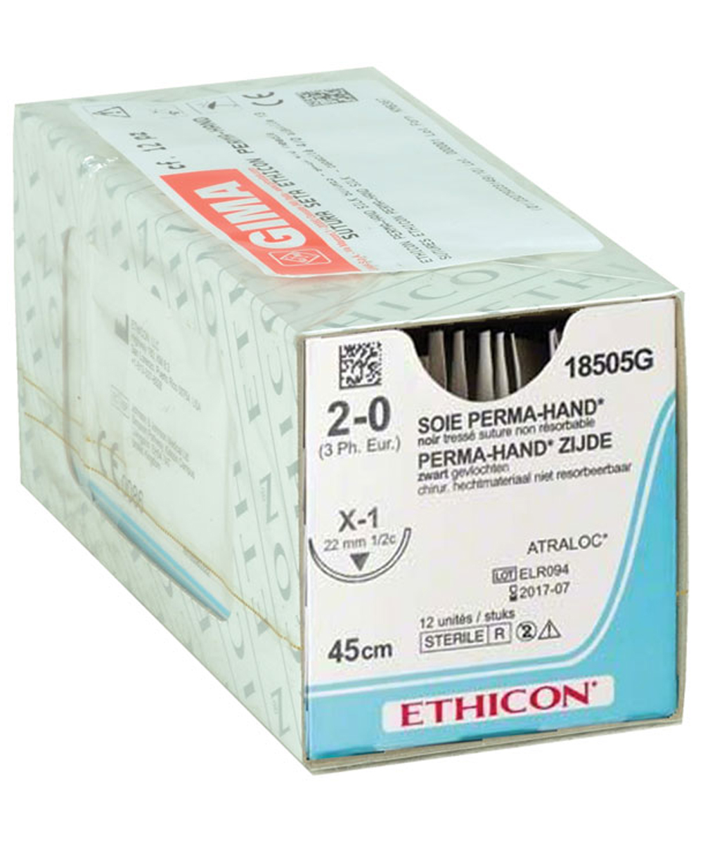 Confezione di suture in seta Ethicon PERMA-HAND 2/0 con ago X-1 da 22 mm, confezionate singolarmente, adatte a uso chirurgico specialistico.