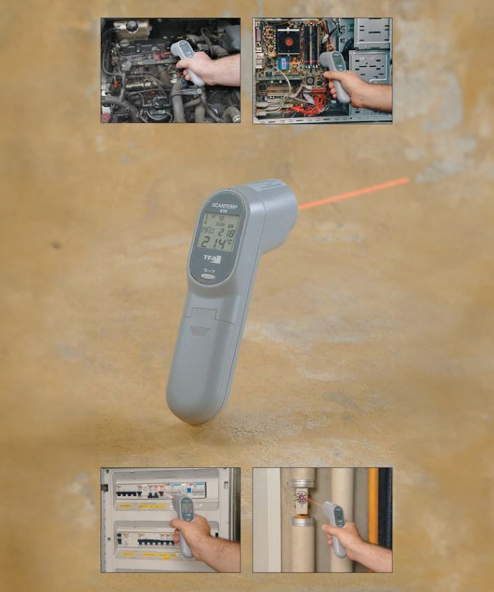 Termometro a raggi infrarossi per misurazioni senza contatto, ideale per superfici calde e difficili da raggiungere, con puntatore laser per precisione.