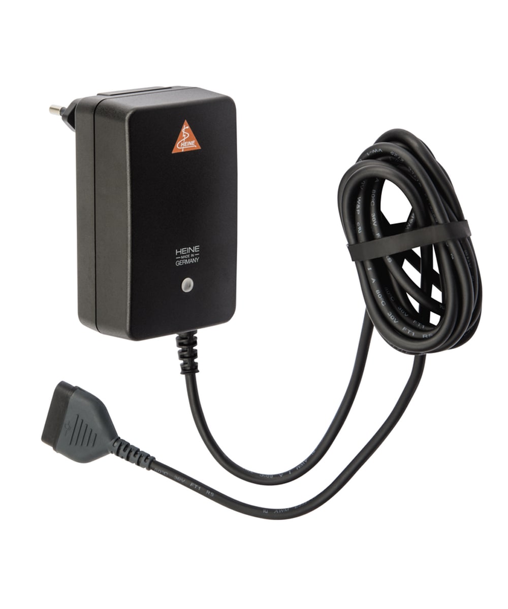 Trasformatore HEINE per mPack e mPack LL, compatto, con cavo e protezione integrata. Progettato per ricarica dispositivi medici professionali.