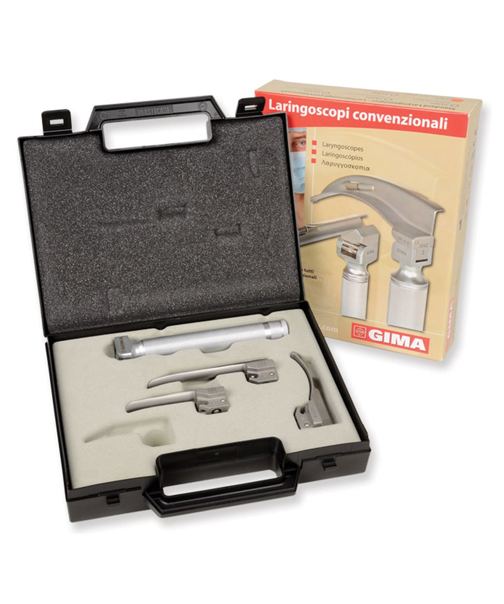 Immagine del set ricaricabile per laringoscopio con manico da 2,5 V e lame pediatriche in acciaio inox, completo di valigetta antiurto per un utilizzo professionale affidabile.