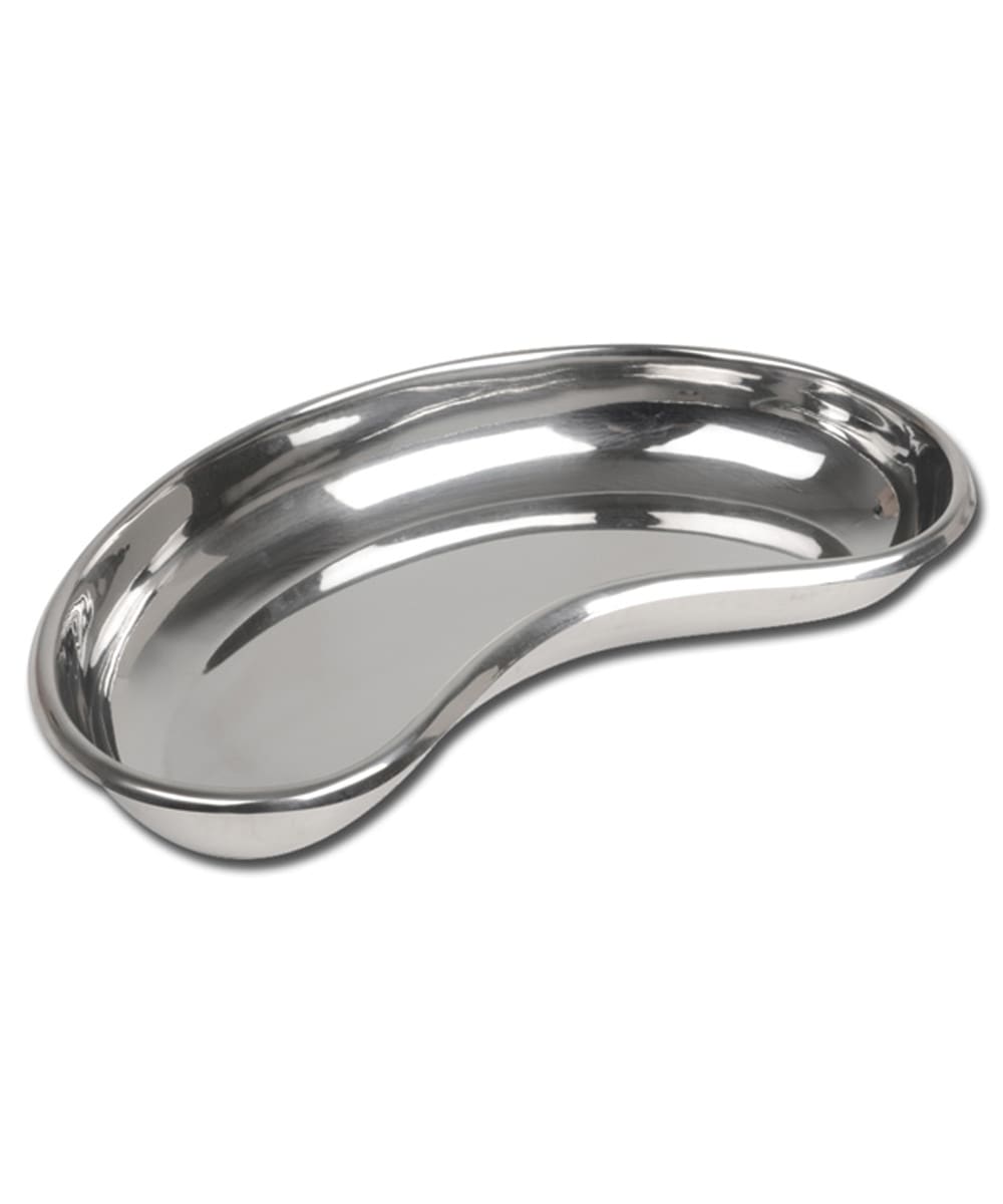 Bacinella reniforme in acciaio inox AISI 304 da 1600 ml con bordo basso, finitura lucida e dimensioni compatte per uso sanitario professionale.