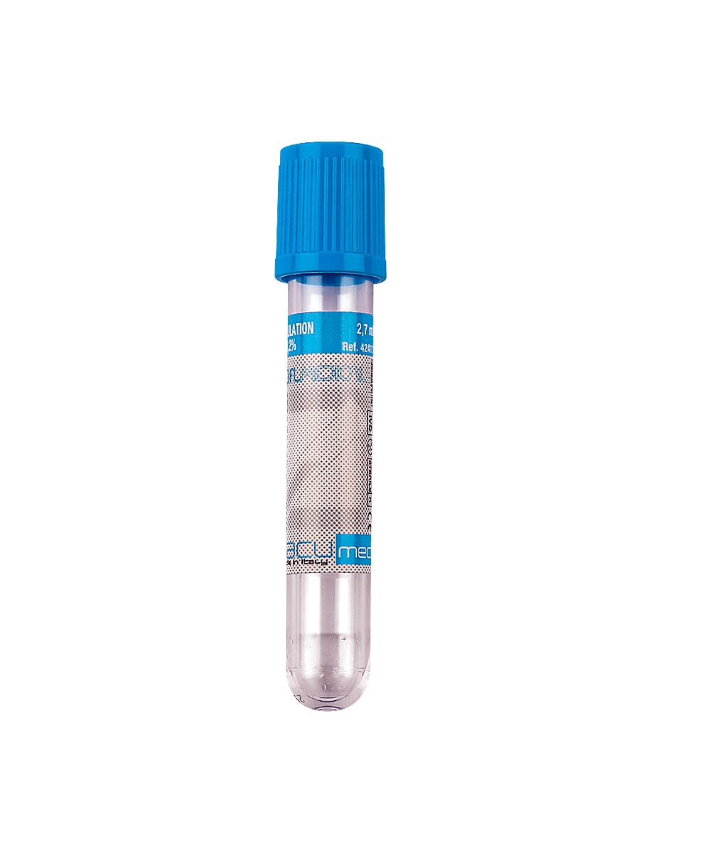 Provette Vacumed con citrato di sodio al 3,2%, tappo azzurro, 13x75 mm. Capacità 3,6 ml. Utilizzate per analisi di laboratorio sulla coagulazione.
