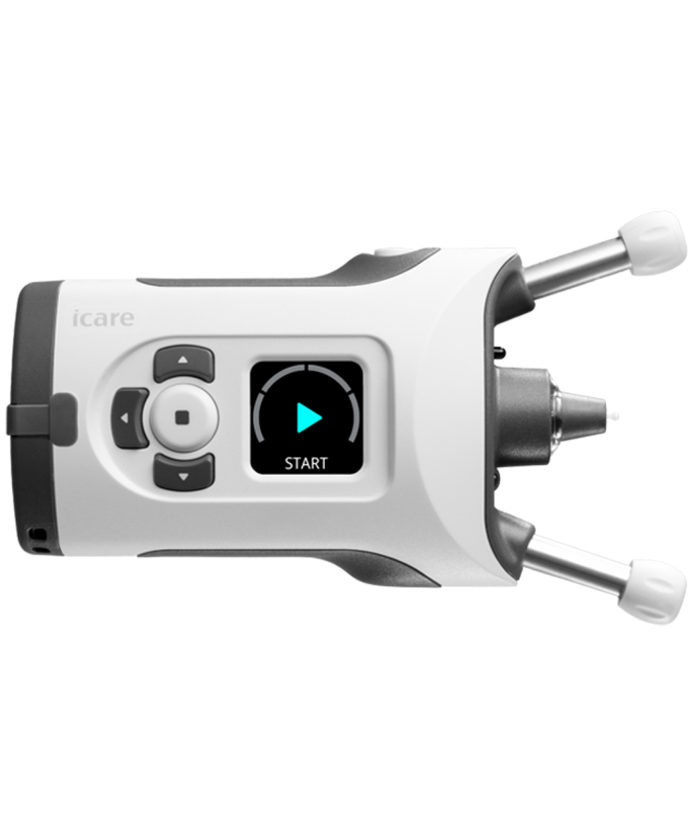 Tonometro iCare HOME2, ripreso su un piano medico, ideale per il controllo domiciliare della pressione oculare in modo rapido e confortevole.