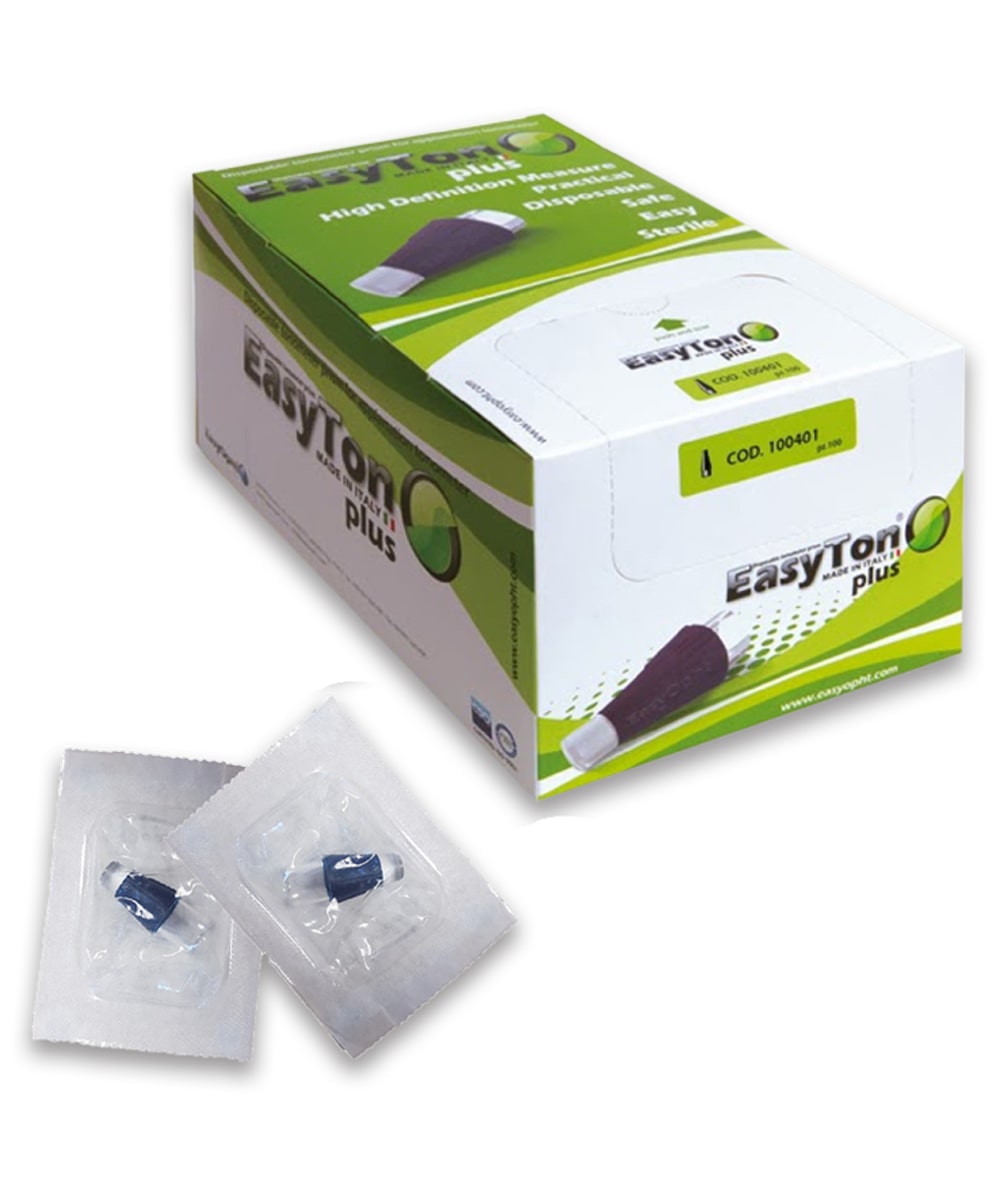 Conetti monouso sterili compatibili con tonometro ICARE HOME, IC100, IC200 e tipo Goldman imbustati singolarmente in confezione da 100 pezzi.