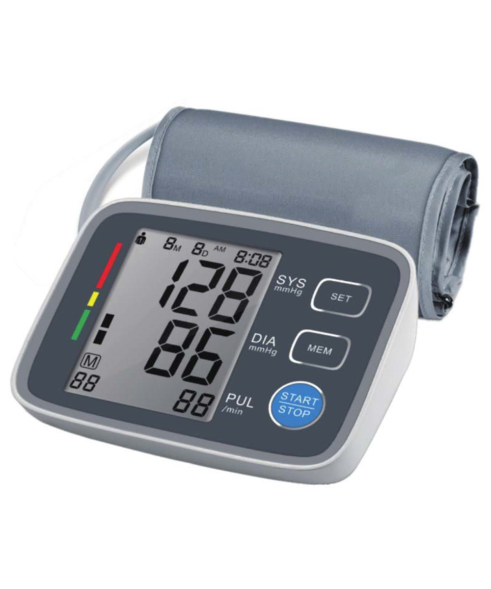 Sfigmomanometro digitale da braccio con display LCD per una misurazione accurata della pressione sanguigna, dotato di memoria per 2 utenti, con bracciale e spegnimento automatico.