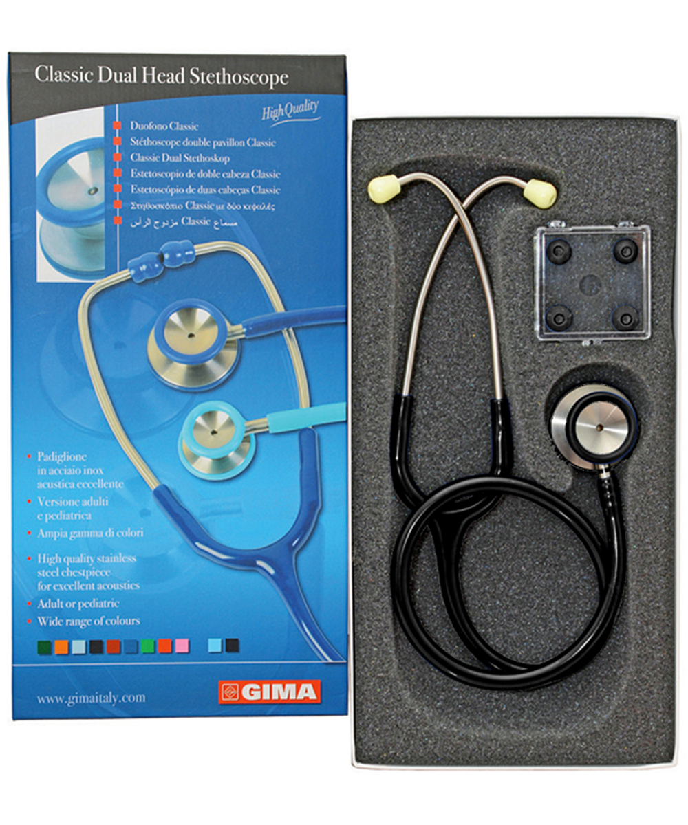 Stetoscopio Duofono Classic nero per adulti, con tubi in PVC e testa in acciaio inox Ø 45 mm, visuale laterale su superficie neutra.