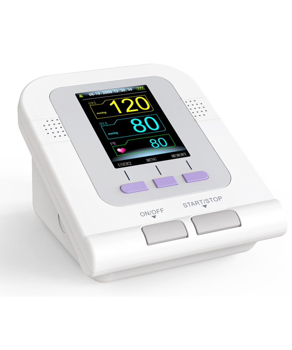 Sfigmomanometro elettronico LEO con display LCD a colori, bracciale grande, cavo USB e software per analisi dati.