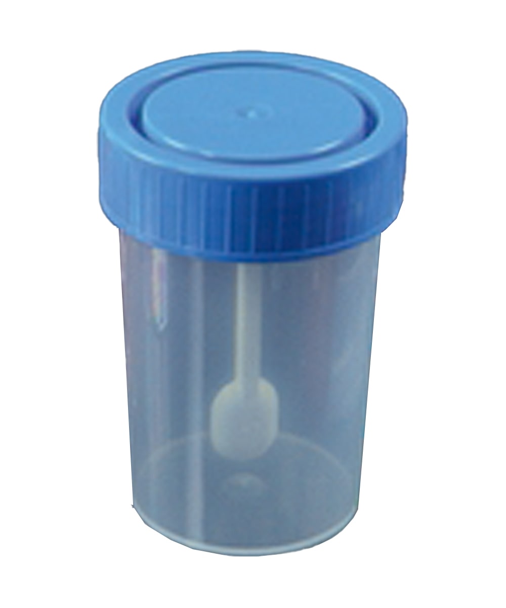 Contenitore per feci da 60 ml con paletta integrata e tappo ermetico rosso, realizzato in polipropilene medicale, indicato per la raccolta di campioni fecali destinati ad analisi di laboratorio.