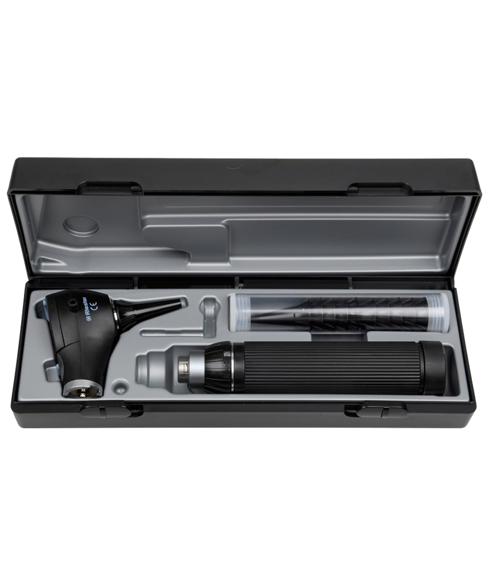 Otoscopio LED Ri-scope L2 3,5 V con manico C, accessori inclusi e astuccio rigido, ideale per diagnosi auricolari professionali.