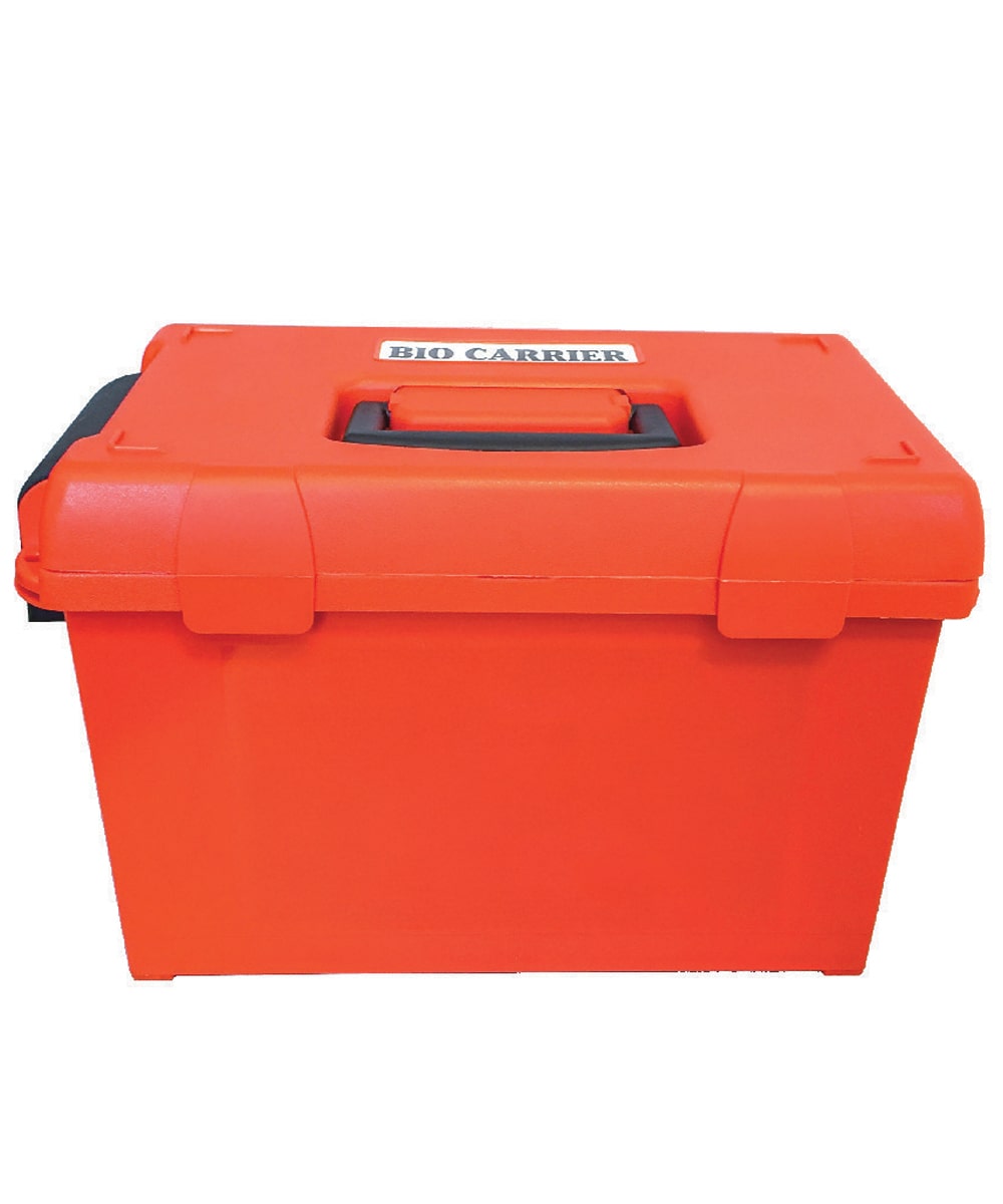 Contenitore Bio-Carrier professionale in materiale antiurto per il trasporto sicuro di provette e campioni biologici, con chiusura ermetica e segnaletica di rischio biologico.