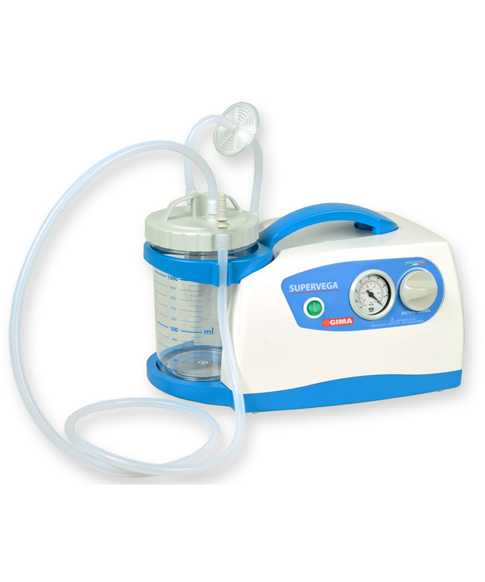 aspiratore medico compatto Super Vega 1L, progettato per aspirazioni sicure e performanti in ambito chirurgico, con contenitore da 1 litro infrangibile e valvola di sicurezza.