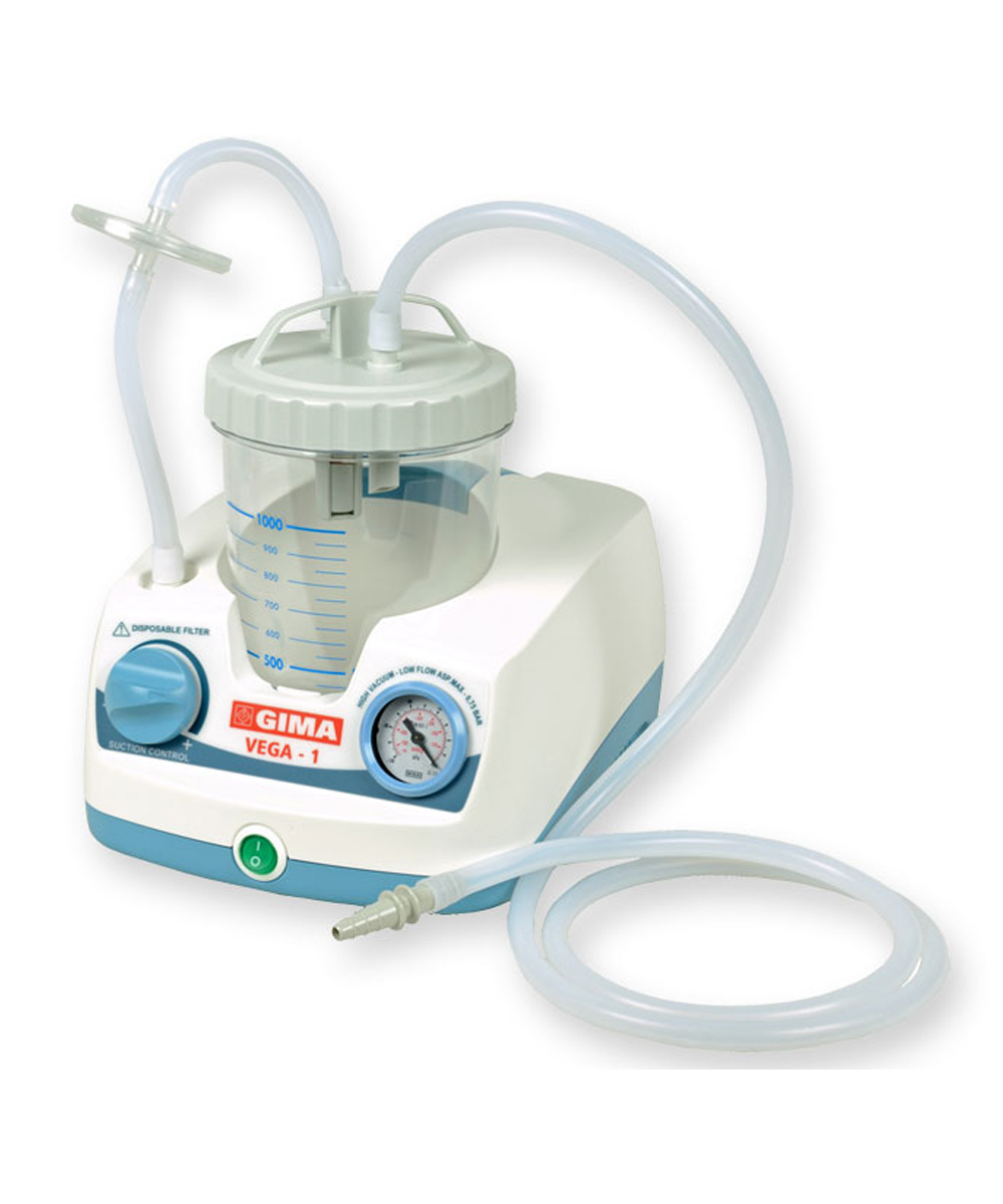 Aspiratore Vega compatto per piccola chirurgia, dotato di vaso infrangibile da 1 litro, con pompe silenziose e ciclo operativo continuo. Perfetto per aspirazioni di liquidi.