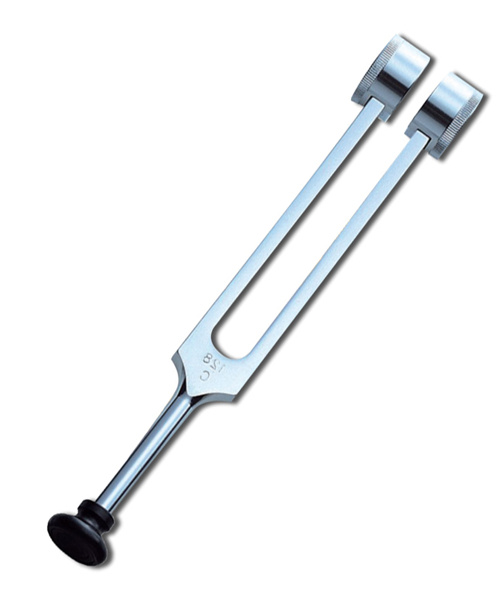 Diapason in alluminio 128 Hz con piedino e appoggio per fronte, prodotto in Germania per precisione diagnostica in campo medico.