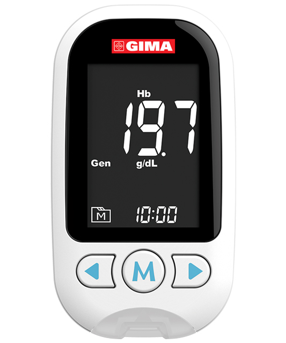 Monitor multiparametrico GimaCare 6 in 1 per la misurazione di glucosio, ß-chetoni, lattato, colesterolo, acido urico ed emoglobina, dotato di connessione Bluetooth e display con indicatori luminosi.