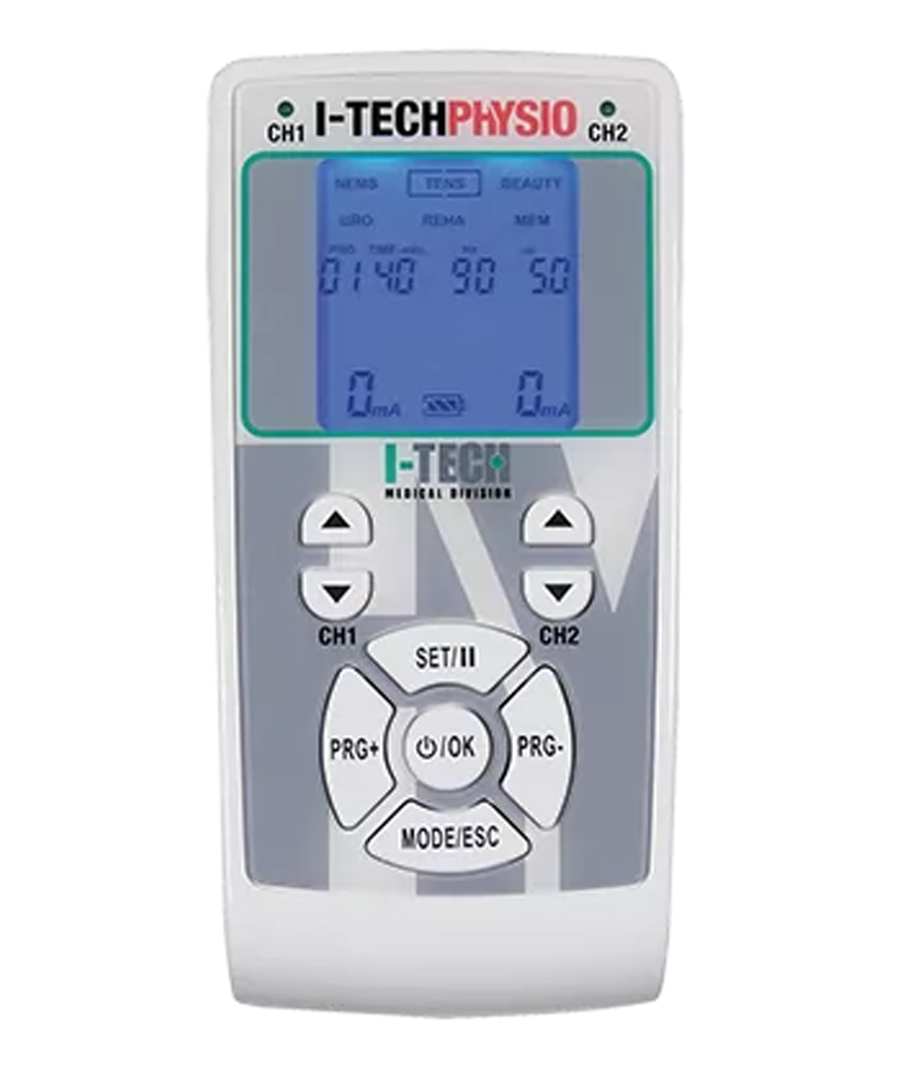 Elettrostimolatore I-Tech Physio con 14 programmi TENS, 21 programmi NEMS e batteria ricaricabile. Perfetto per trattamenti di dolore e riabilitazione muscolare.