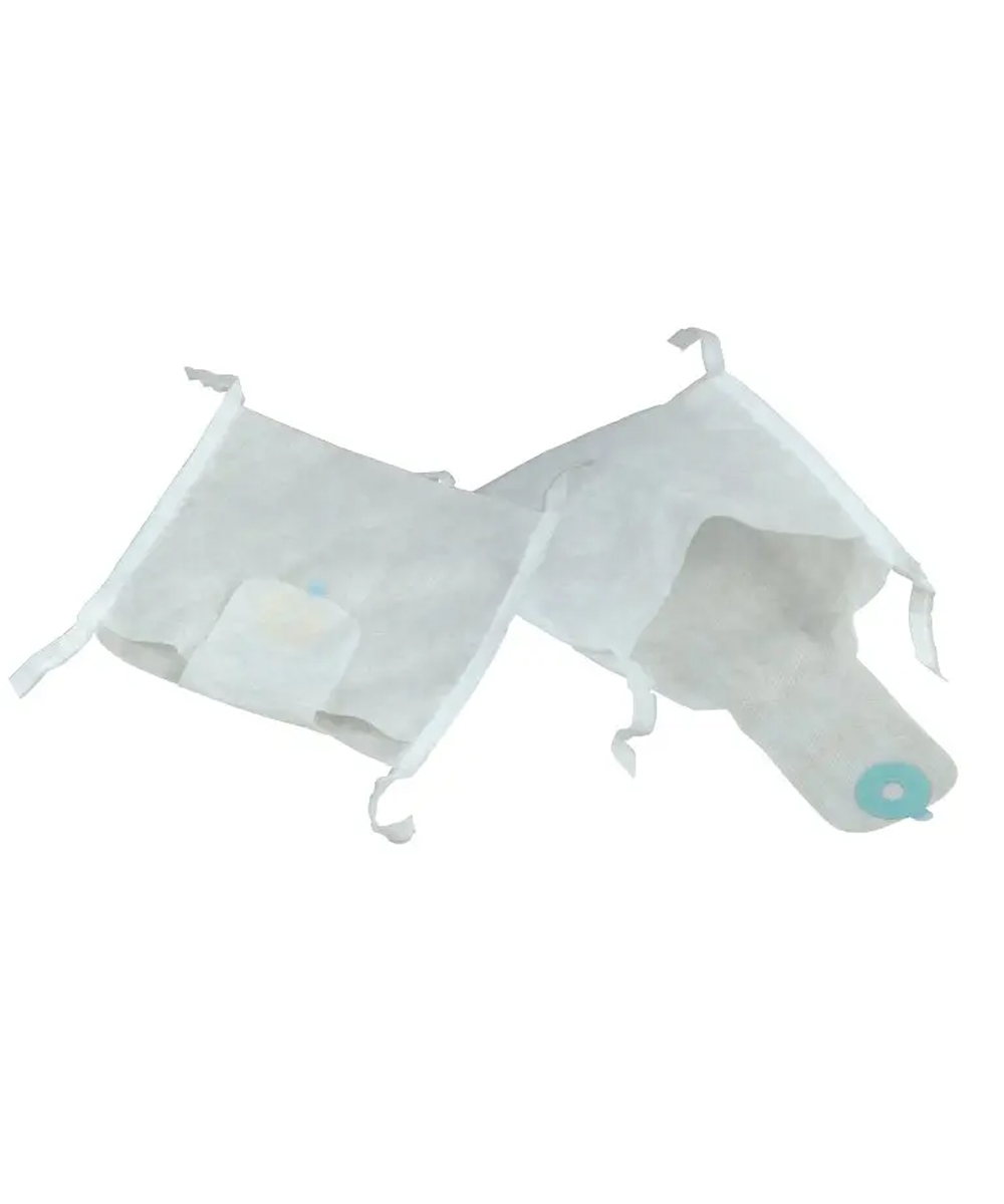 Tasca monouso per Holter in tessuto non tessuto bianco con 4 lacci regolabili e chiusura adesiva, ideale per monitoraggio.