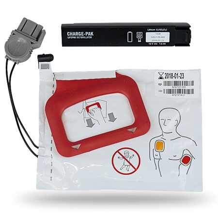 Kit originale con batteria e elettrodi per defibrillatori Lifepak CR Plus e Express. Componenti completi per il mantenimento della piena operatività DAE.