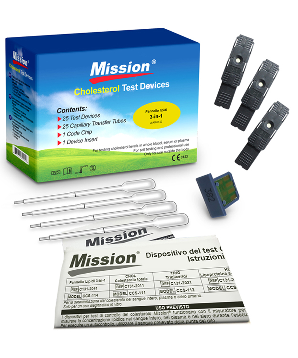 Dispositivo Mission® 3-in-1 per la misurazione del colesterolo, HDL e trigliceridi. Ottieni risultati precisi e affidabili in soli 2 minuti.