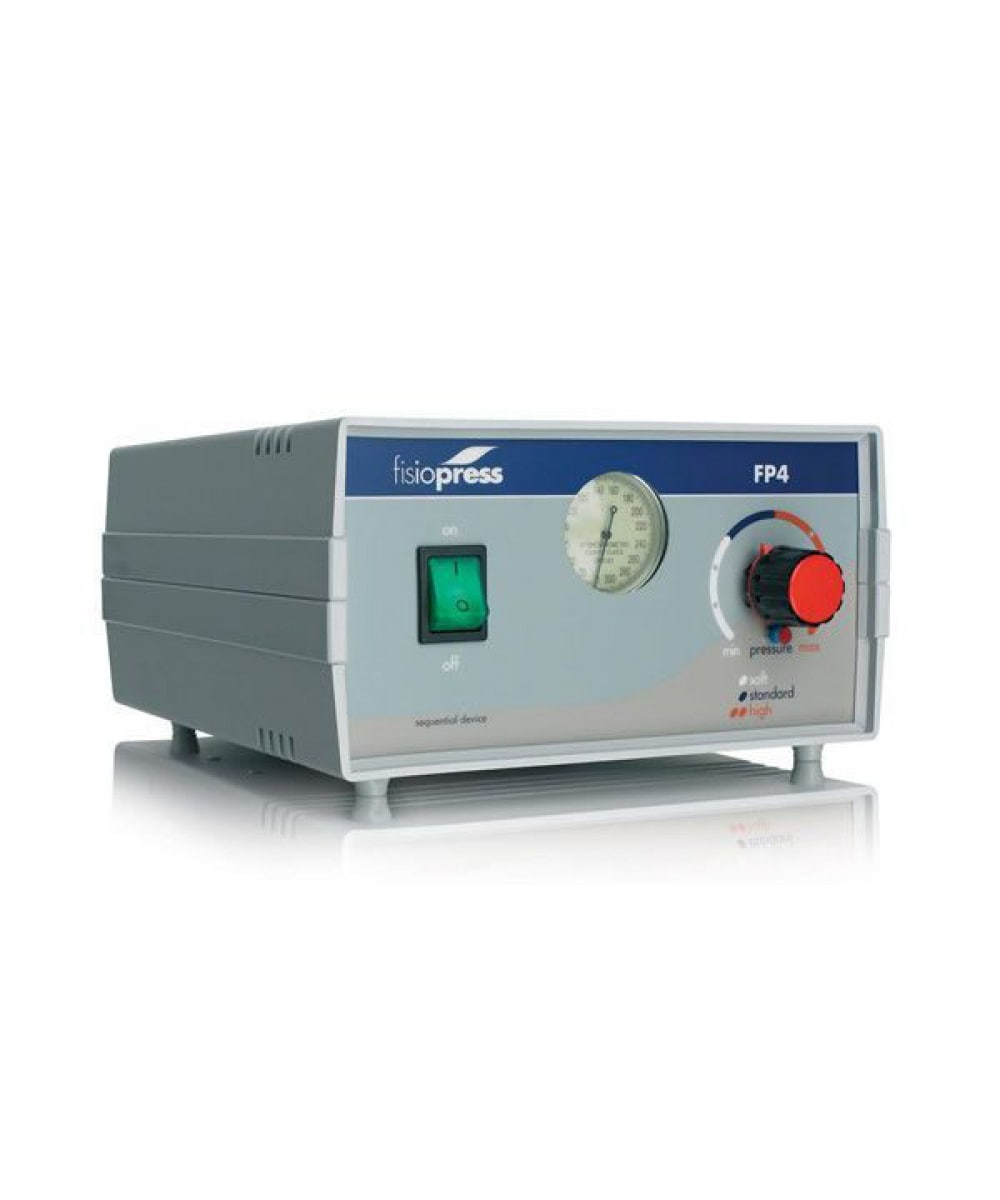 Fisiopress FP 4 apparecchio di pressoterapia professionale domiciliare con terminali per gambe, braccia e fascia addominale.