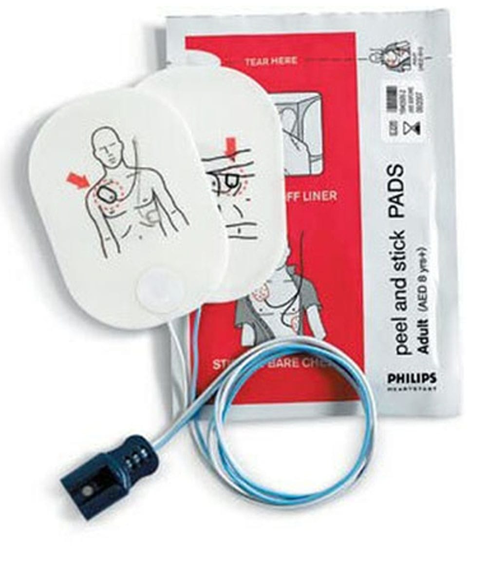 Elettrodi per defibrillatore Philips HeartStart modello adulto, compatibili con dispositivi FR1, FR2, FR3, FRX e MRX. Alta adesione, latex free.