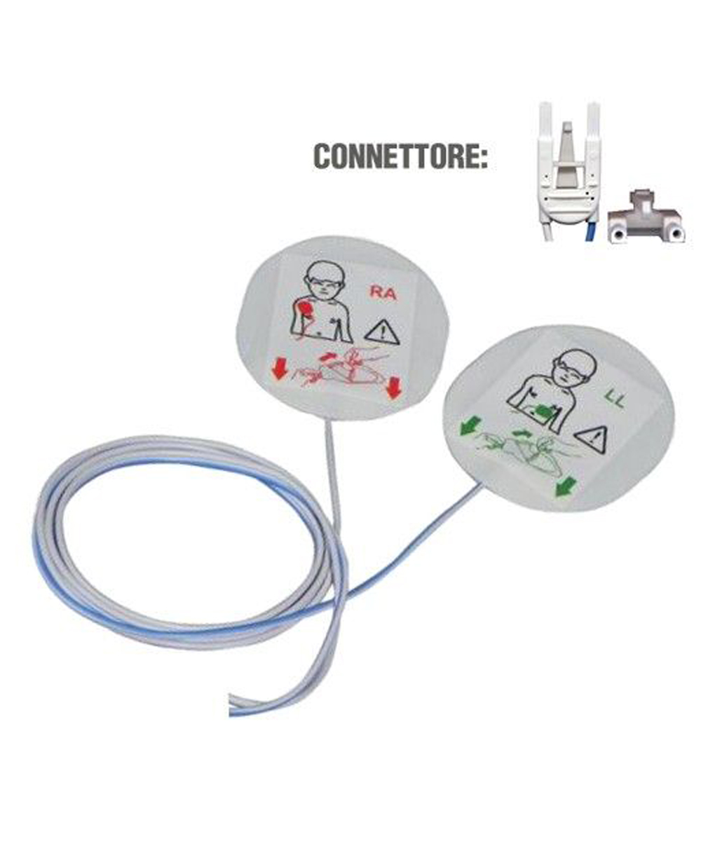 Piastre pediatriche monouso per defibrillazione con bassa impedenza, superficie conduttiva di 81 cm², ideali per pazienti pediatrici oltre 25 kg.