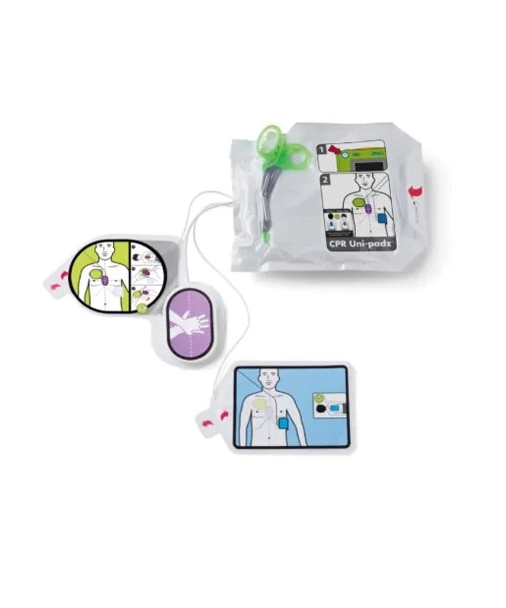 Elettrodi CPR Uni-padz compatibili con Zoll AED 3 per adulti e bambini, con sensore CPR integrato, confezionati in laminato multistrato.