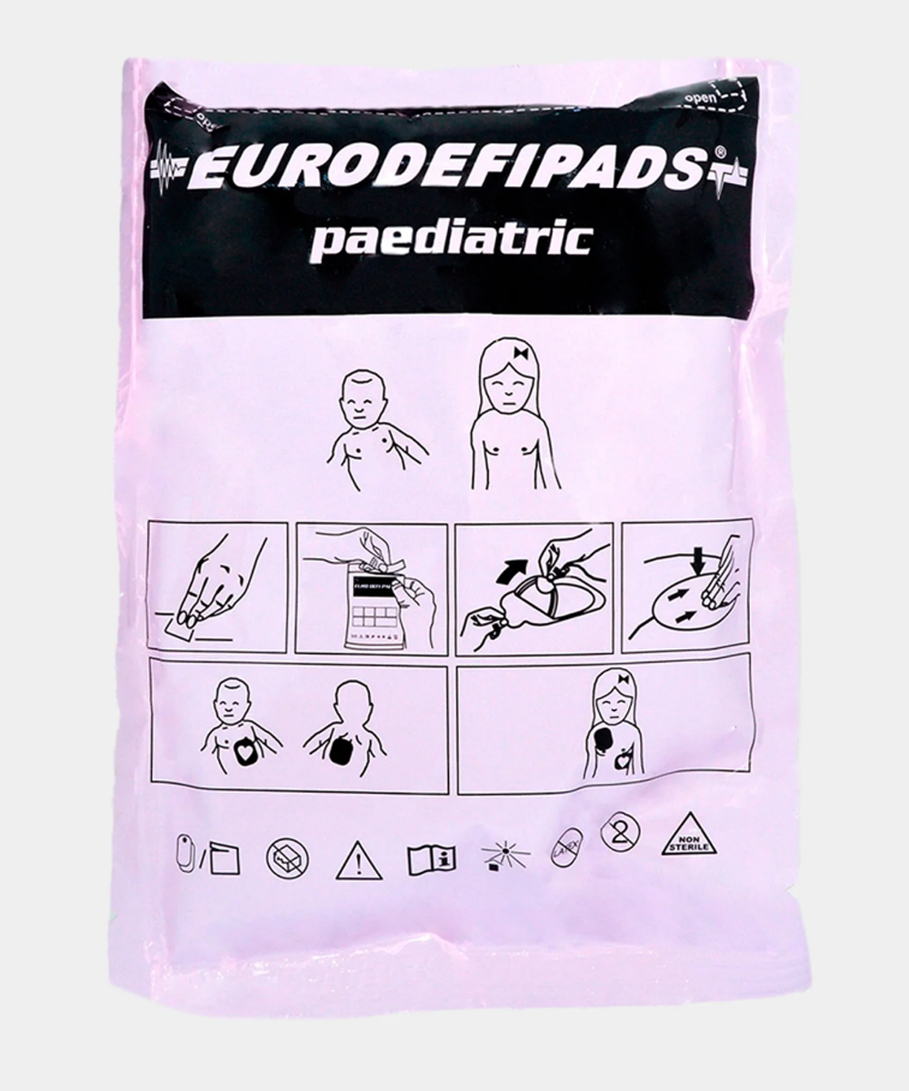 Elettrodo pediatrico monouso compatibile con defibrillatori Cardiac Science, GE e CU Medical. Gel adesivo conduttivo, schiuma medicale e struttura antiurto per monitoraggio ECG sicuro e affidabile.