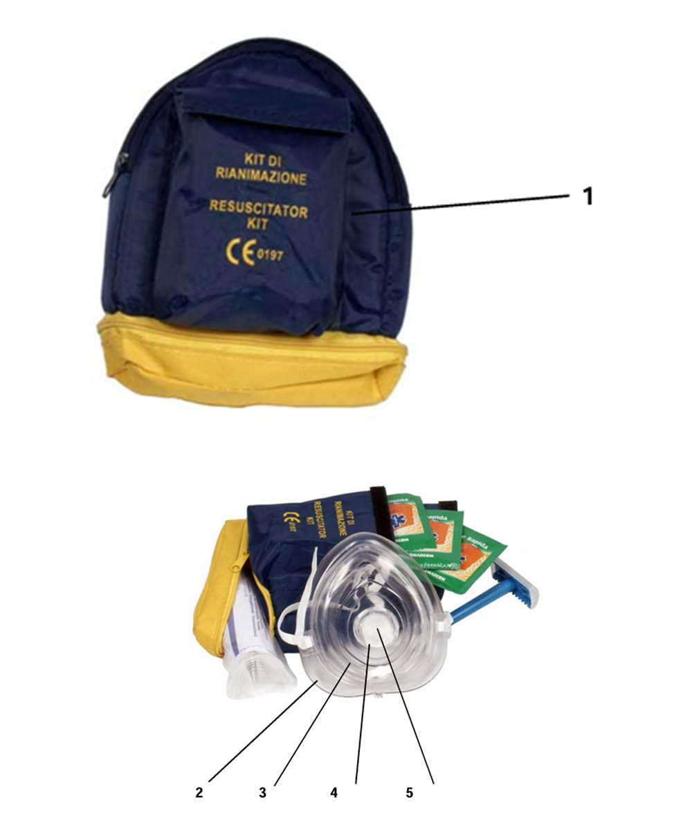 Kit completo per defibrillazione e rianimazione con pocket mask, garze, rasoio, guanti, forbici e custodia in nylon resistente.