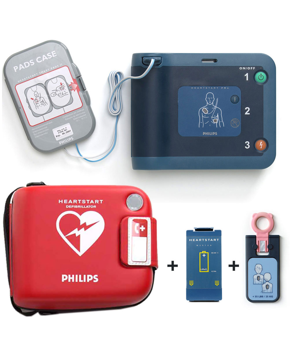 Defibrillatore Philips FRx: robusto, facile da usare, con batteria a lunga durata e chiave pediatrica per pazienti pediatrici.