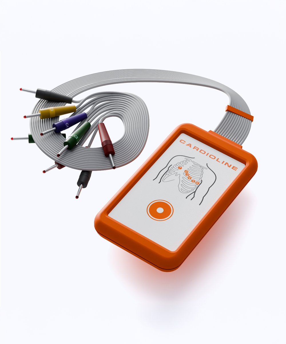 Cardioline TouchECG HD+ elettrocardiografo wireless a 12 derivazioni, fornito con software Windows e guscio protettivo in silicone, ideale per uso clinico professionale.