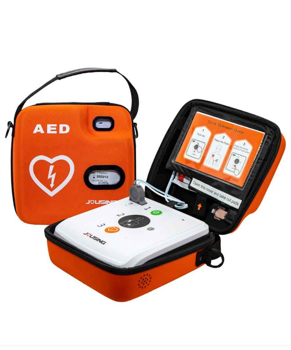 Defibrillatore semi-automatico Jousing iAED-S1, con piastre pre-collegate, batteria di lunga durata, ideale per emergenze cardiache in ambienti interni ed esterni.