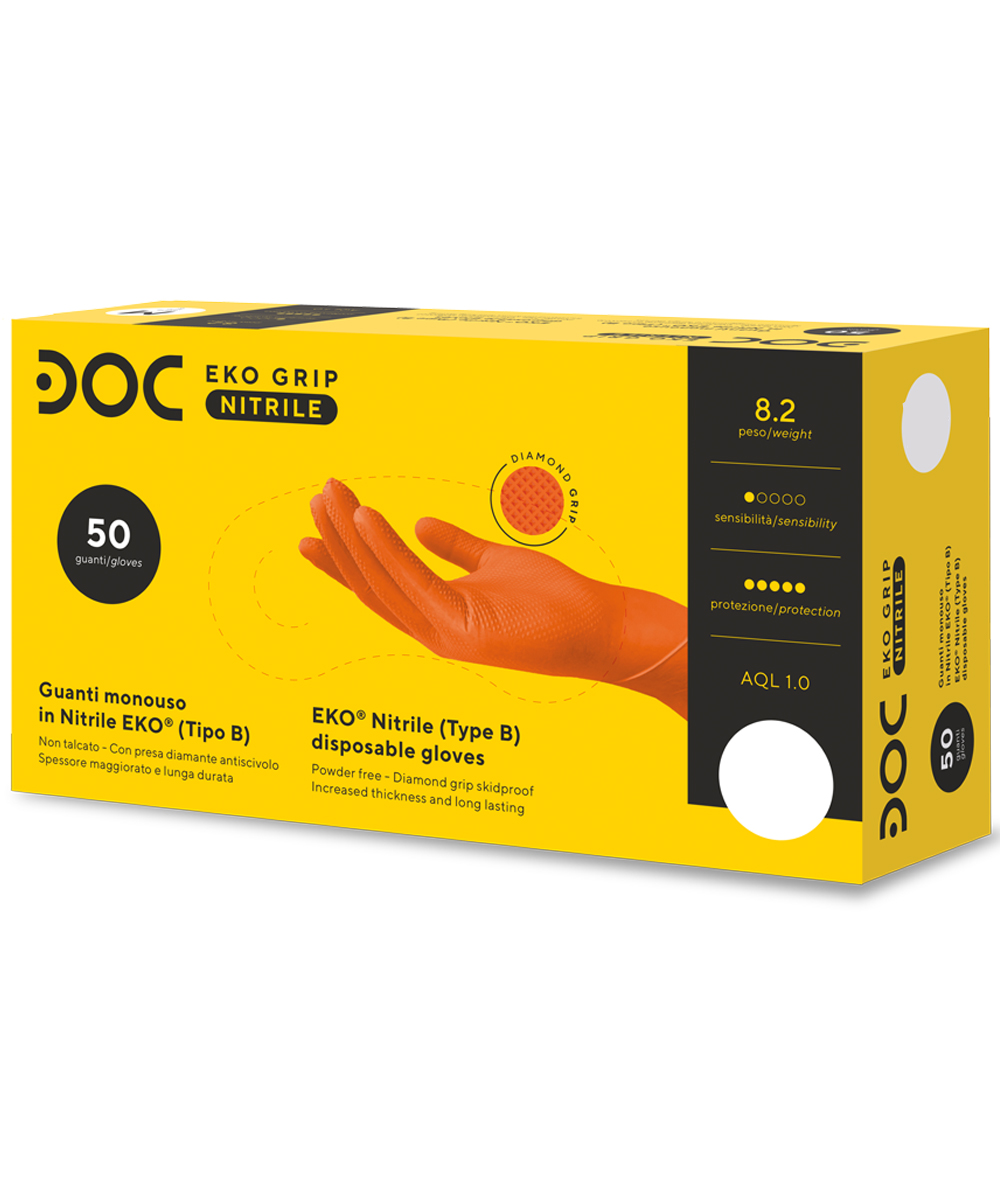 Guanti in nitrile arancione, alta resistenza, superficie microruvida, idonei al contatto alimentare e certificati DPI classe III.