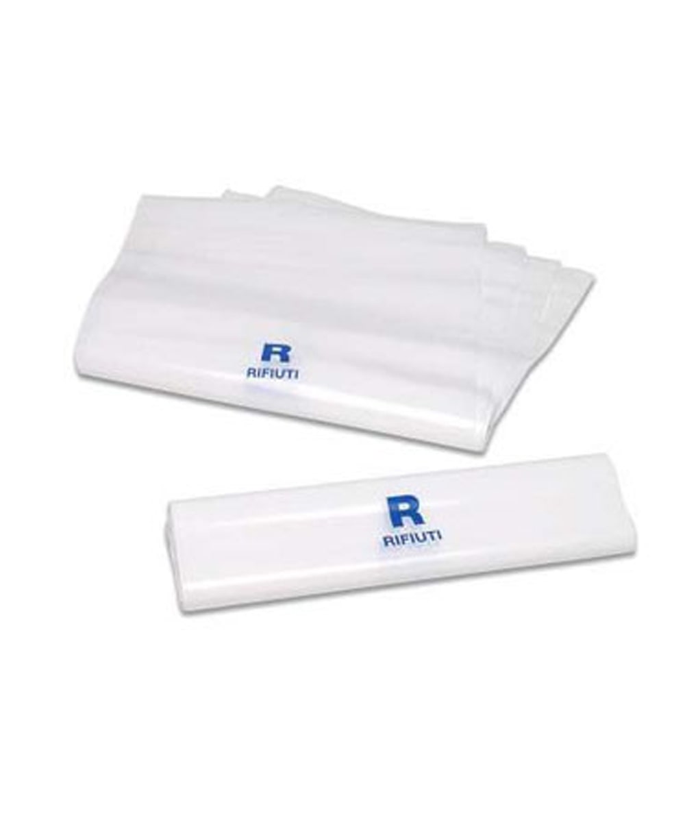 Sacchetti rifiuti sanitari in politene 18x25 cm bianchi con stampa blu e chiusura minigrip per raccolta sicura rifiuti medici