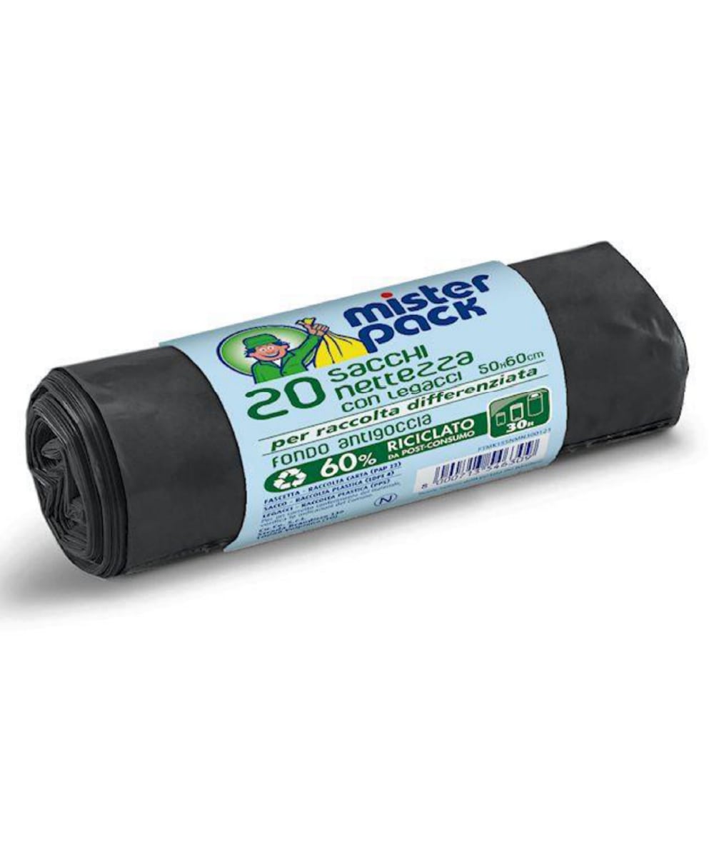 Sacchi spazzatura 60×50 cm da 30 litri in colore nero, confezione da 20 pezzi, ideali per ambienti sanitari e professionali che richiedono resistenza e affidabilità.