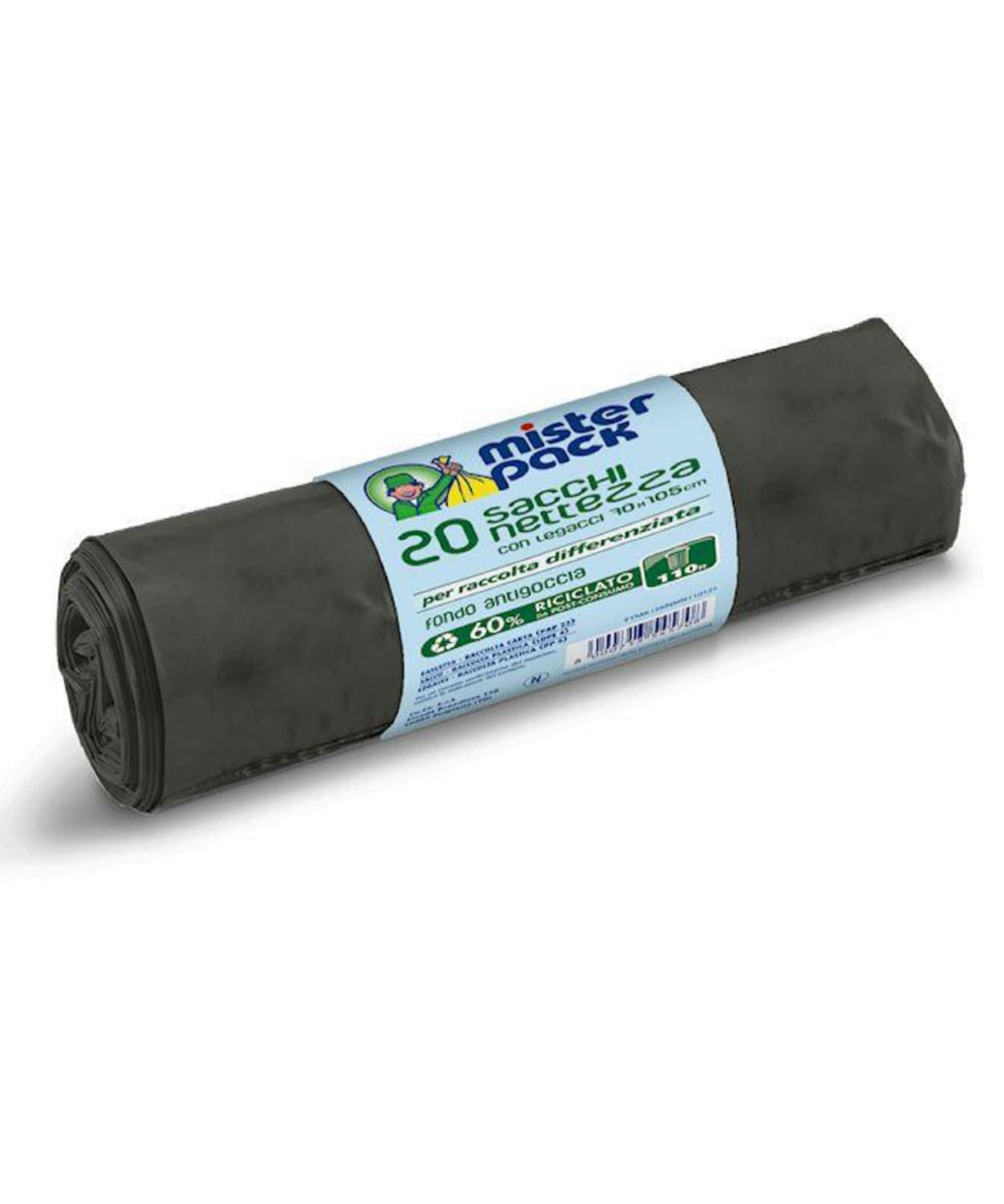 Sacchi neri da 110 litri con chiusura a stringhe, realizzati in polietilene resistente da 15 micron, ideali per la gestione professionale dei rifiuti in contesti sanitari.