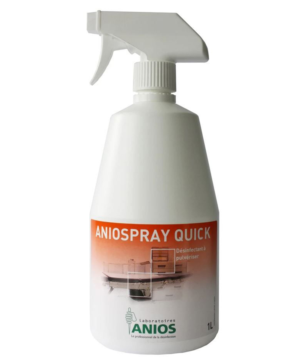 Flacone da 1 litro di disinfettante spray Aniospray Quick per superfici e dispositivi medici non immergibili.