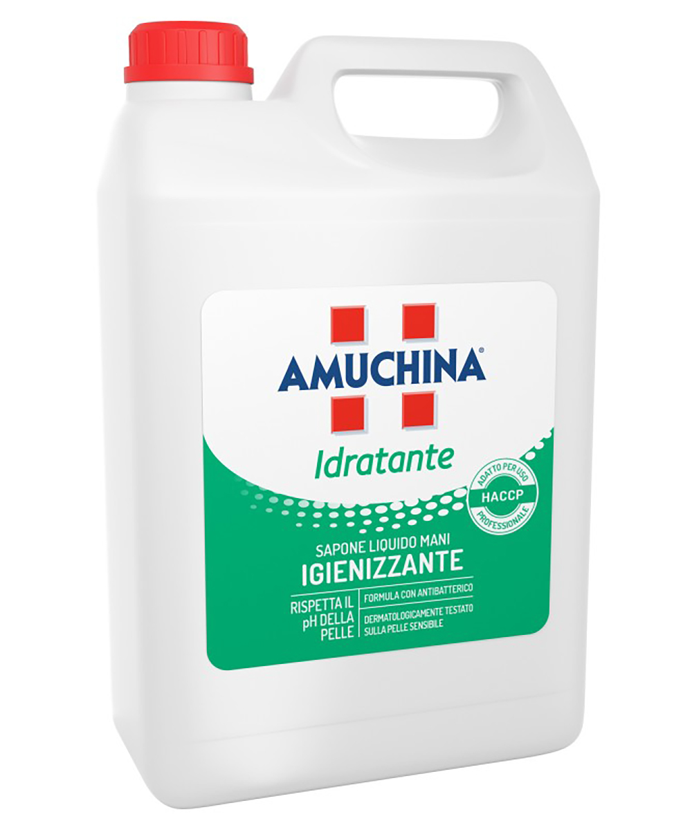 Amuchina Idratante 5 litri, sapone liquido igienizzante con antibatterico, ideale per ristoranti, alberghi, uffici e industrie alimentari. Delicato sulle pelli sensibili.