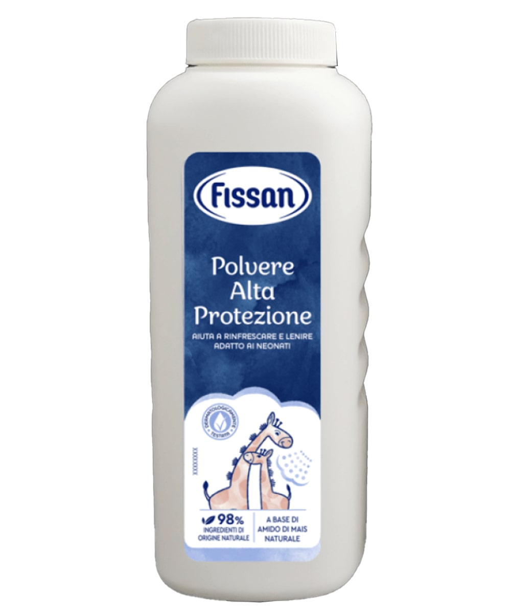 Polvere Alta Protezione con amido di mais, ossido di zinco e vitamina E, ideale per pelle delicata di neonati e bambini.