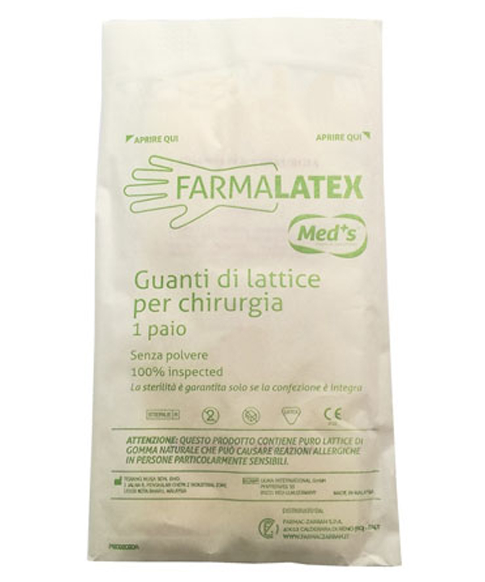 Guanti chirurgici in lattice naturale, sterili e senza polvere, con forma anatomica per mani destra e sinistra.