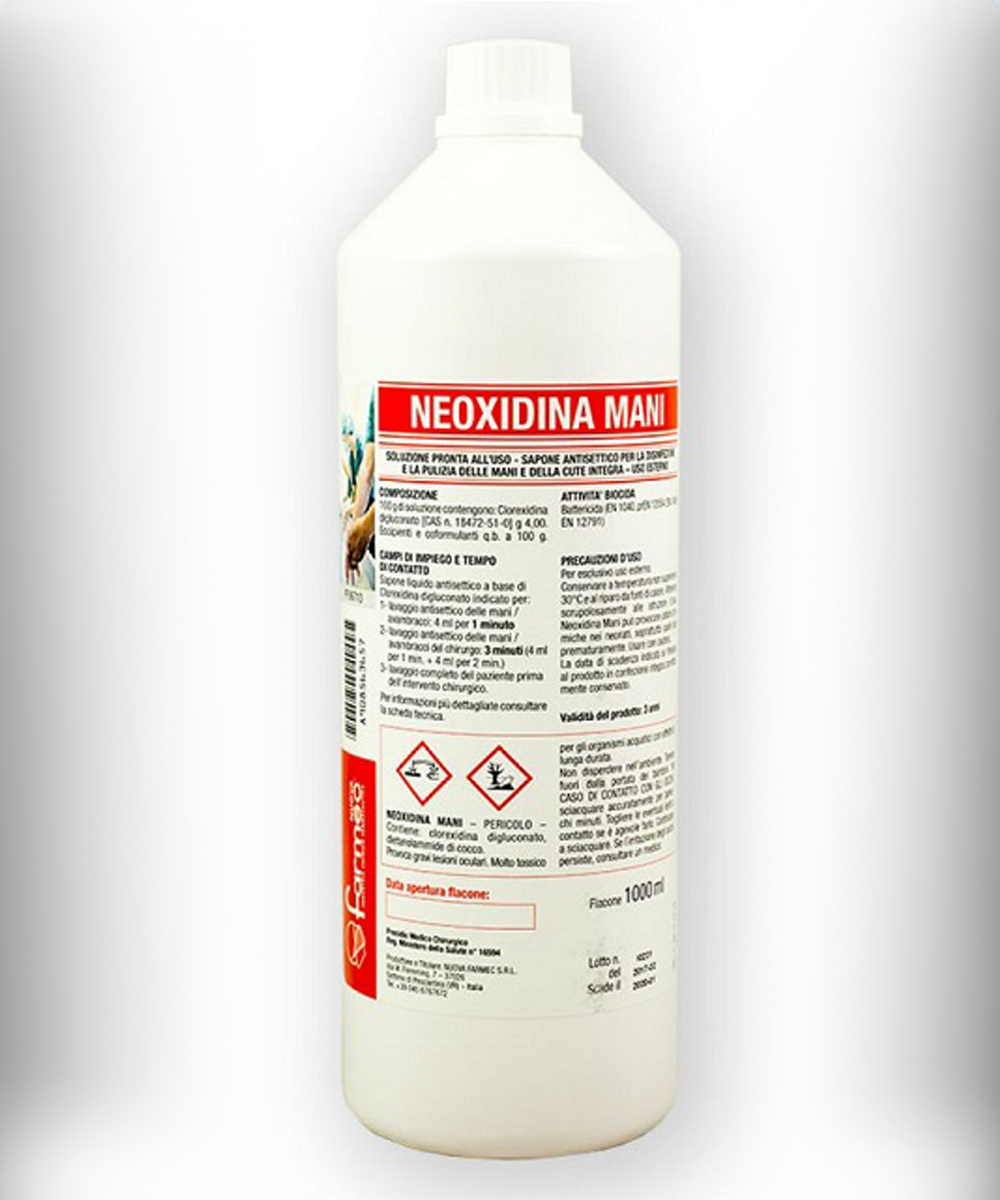 Sapone antisettico liquido Neoxidina Mani 1000 ml per la disinfezione delle mani, formulato con clorexidina per eliminare germi e garantire un’igiene efficace e persistente.
