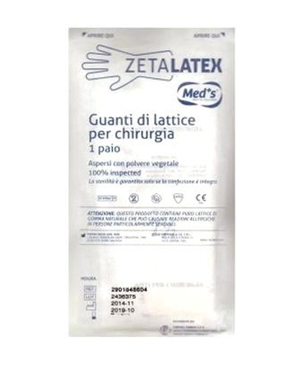 Guanti chirurgici sterili in lattice con polvere lubrificante vegetale, colore chiaro opaco, elevata sensibilità tattile e protezione professionale.