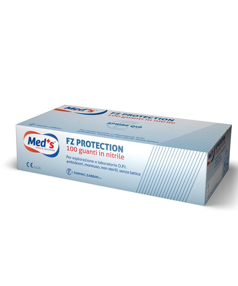 Guanti in nitrile senza polvere Farmac-Zabban FZ Protection L, colore blu, ideali per uso medico e professionale, resistenti, confortevoli e privi di lattice.